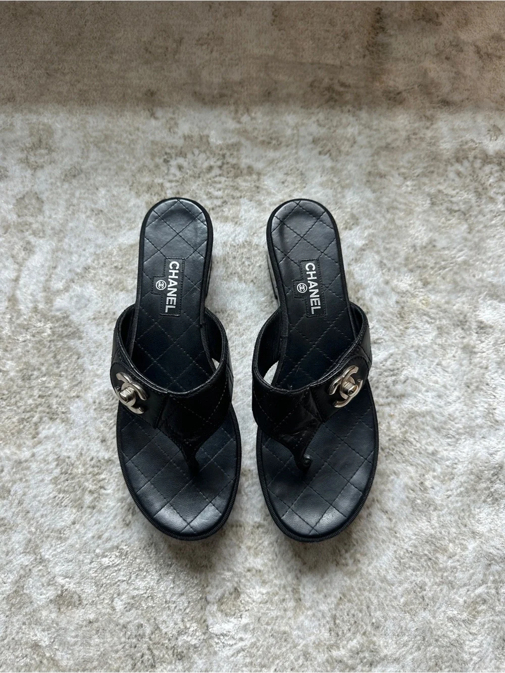 Chanel Black Quilted Leather CC Thong Sandals – Size 38.5